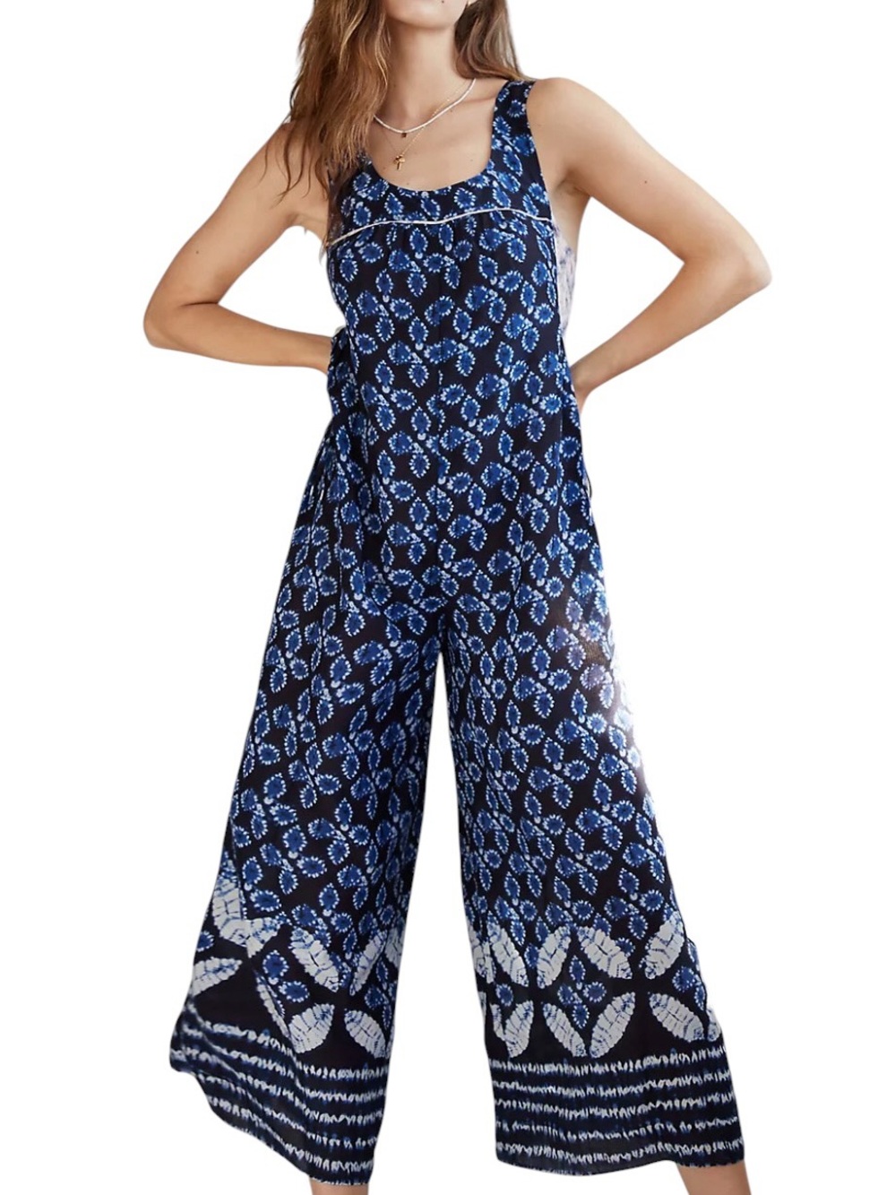 Anthropologie Navy Blue & white Patterned Scoop-Neck sleevelessWide-Leg Jumpsuit